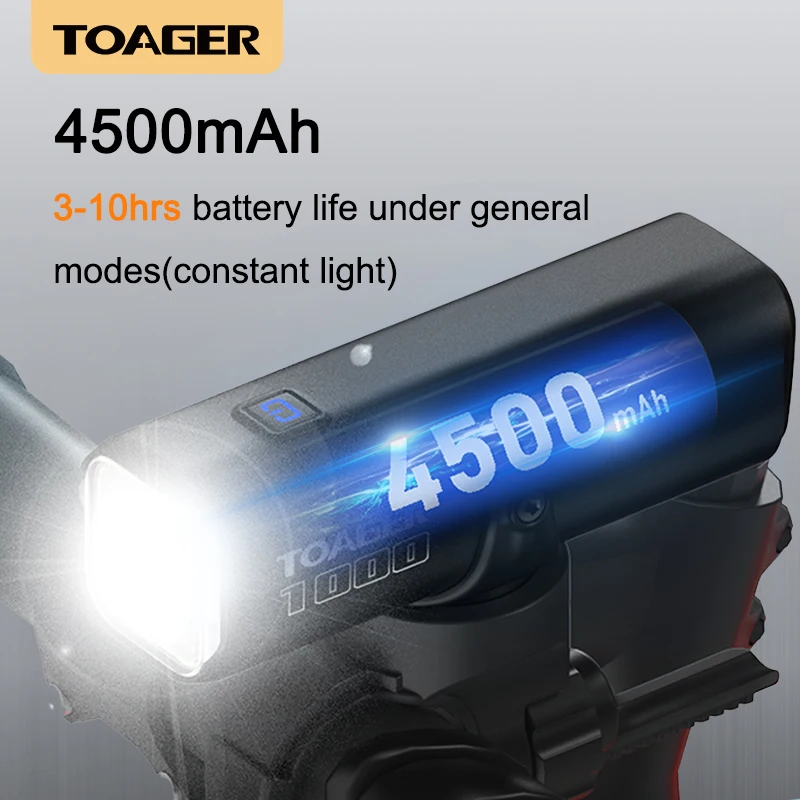 TOAGER Bicyle Light 1000Lumen 4500mAh Smart Start-stop Power Bank Type-C Rechargeable Bicycle Lamp Headlight for MTB Road Bike