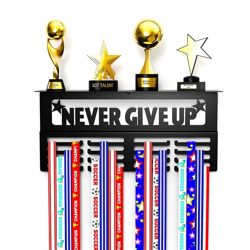 Never Give Up Medal Hanger Display With Shelf - Easy Install Carbon Steel Trophy And Medal Display Shelf