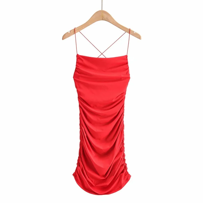 Vestido ajustado elástico plisado de verano 2026 con tirantes finos y espalda descubierta para mujer