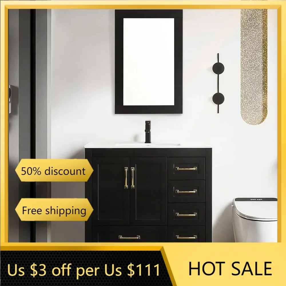 

36"Bathroom Vanities with Sink Combo,Modern Thickened Wood Bathroom Storage Cabinet w/Undermount Sink,Matte Black Faucet Drain