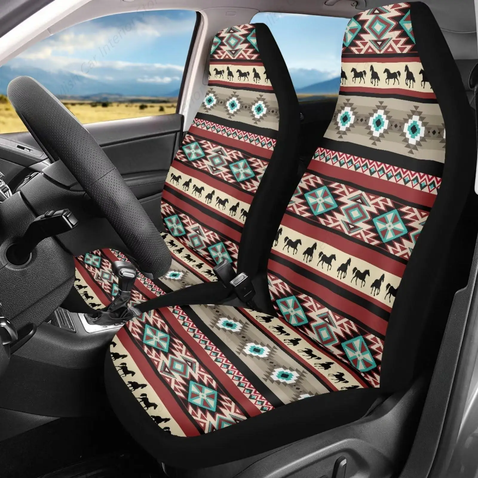 

Aztec Southwestern Horse Car Seat Covers Easy Install Auto Seat Cushion Pad 2 Pack Car Front Seat Interior Accessories