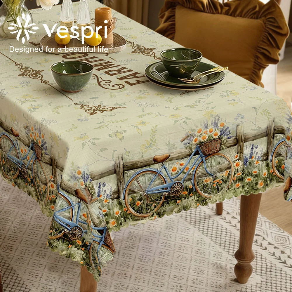 Vespri countryside-themed, wood-grain tablecloth, white and yellow decorations, bicycles and flowers, retro stylexzj