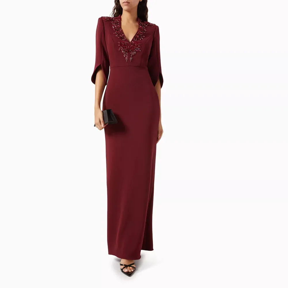 

Бордовое платье для выпускного вечера с V-образным вырезом и бисером Вечернее платье для женщин с короткими рукавами Вечернее платье длиной до пола Саудовское платье