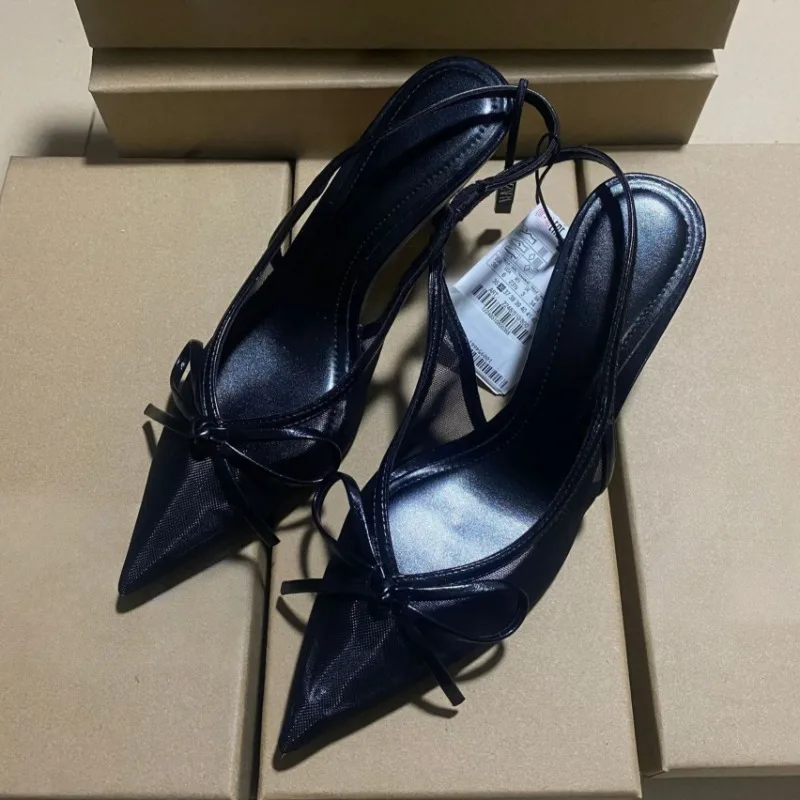 

Летние элегантные сетчатые женские босоножки на высоком каблуке, пикантные вечерние платья с острым носком и бантом, сандалии с открытой пяткой, Mujer, офисная женская обувь