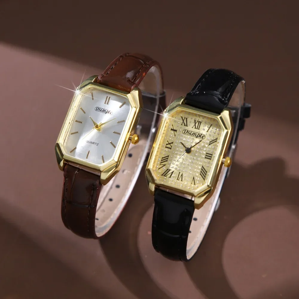 2 Pcs/Set Women's Watch Set Women's Quartz Watch Set PU Leather Strap Square Dial Design Fashion Watch Ideal for Gift Givers