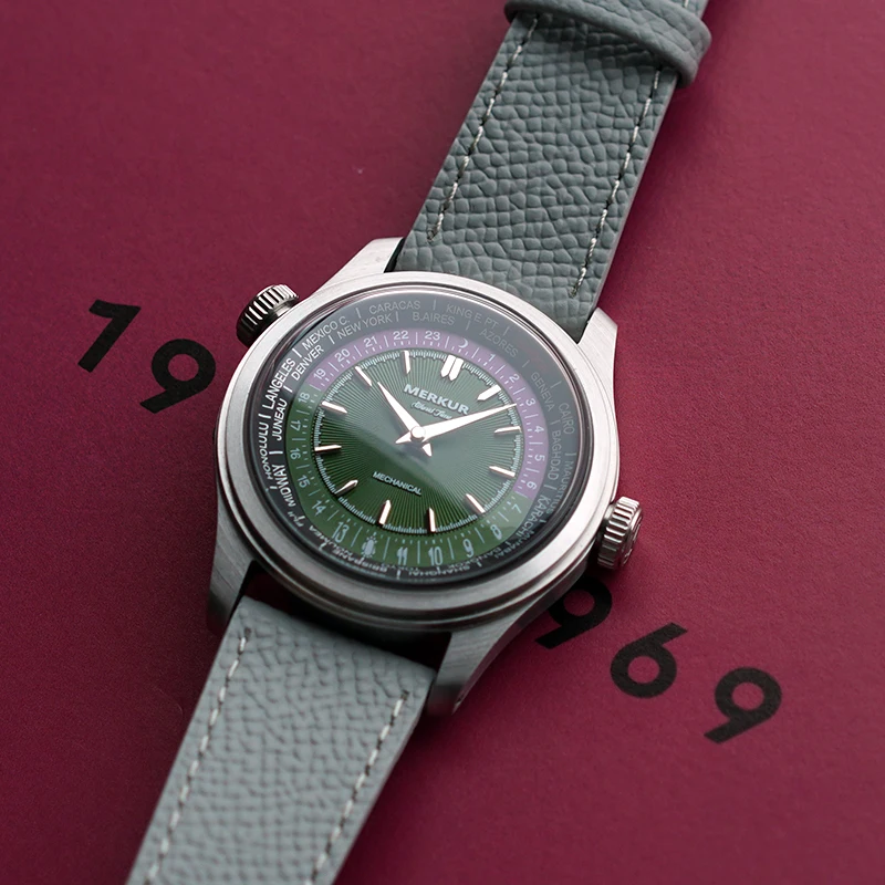 ساعة Merkur World Time للرجال ميكانيكية ريترو للرجال جلد مقاوم للماء 38 ملم Reloj Hombre
