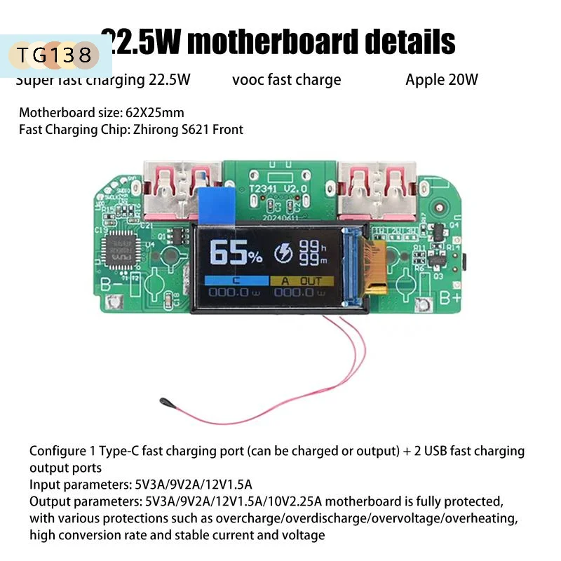 【1 Stück bidirektionaler Schnellladegerät-Buck-Konverter, mobiles Stromversorgungsmodul, DIY-Stromversorgungs-Motherboard mit Display, Typ-C-USB, 22,5 W】
