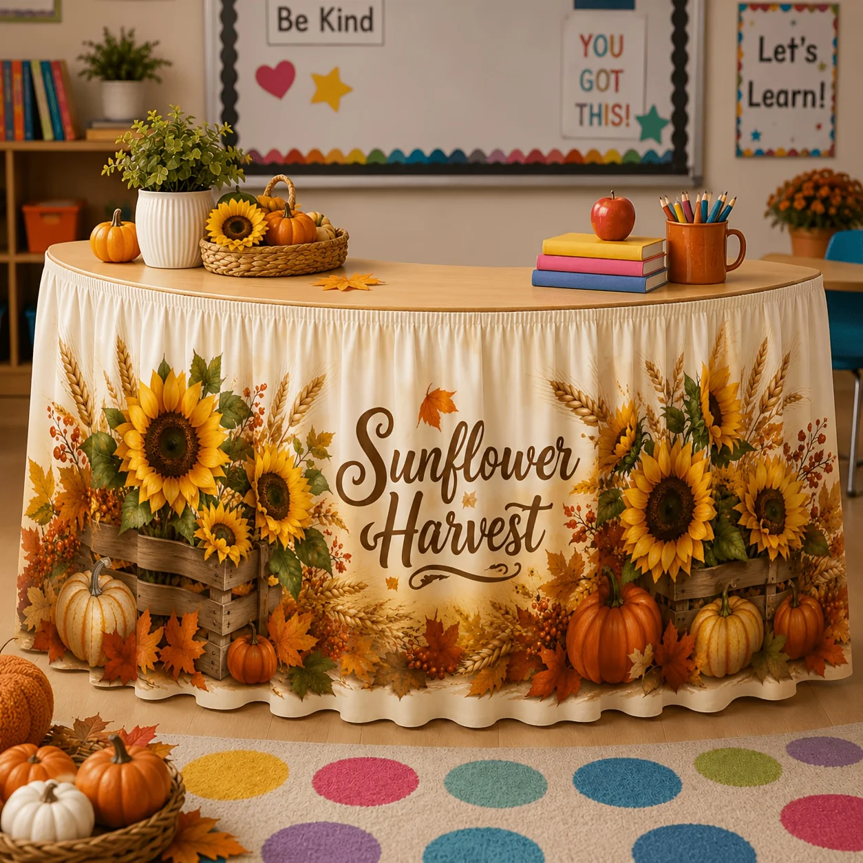 One tablecloth, a wooden box of sunflowers harvested, pumpkins, wheat, maple leaves, autumn, Thanksgiving, farm decorationxzj