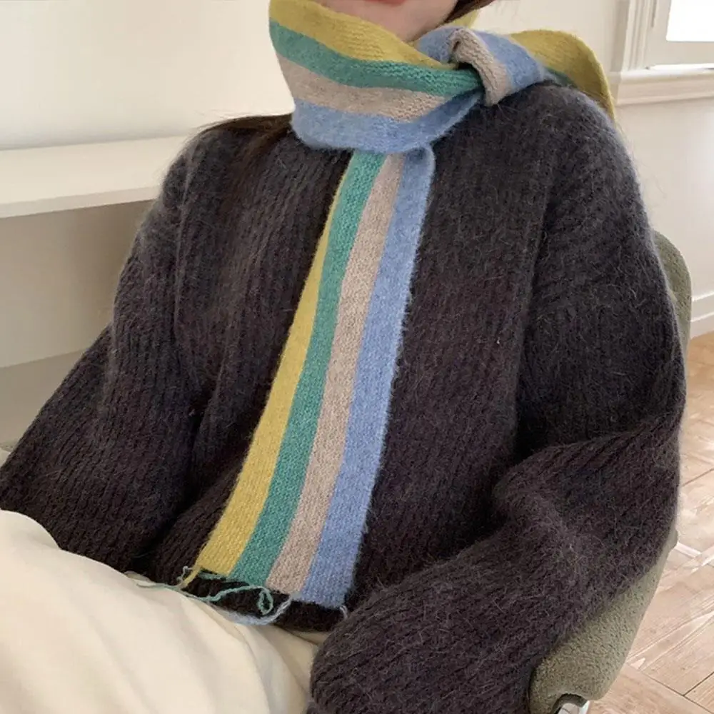 

Winter Thick Warm Scarf Women Cashmere Shawl And Wraps Pashmina Neckerchief Vertical Stripe Color Blocked Scarf For Women