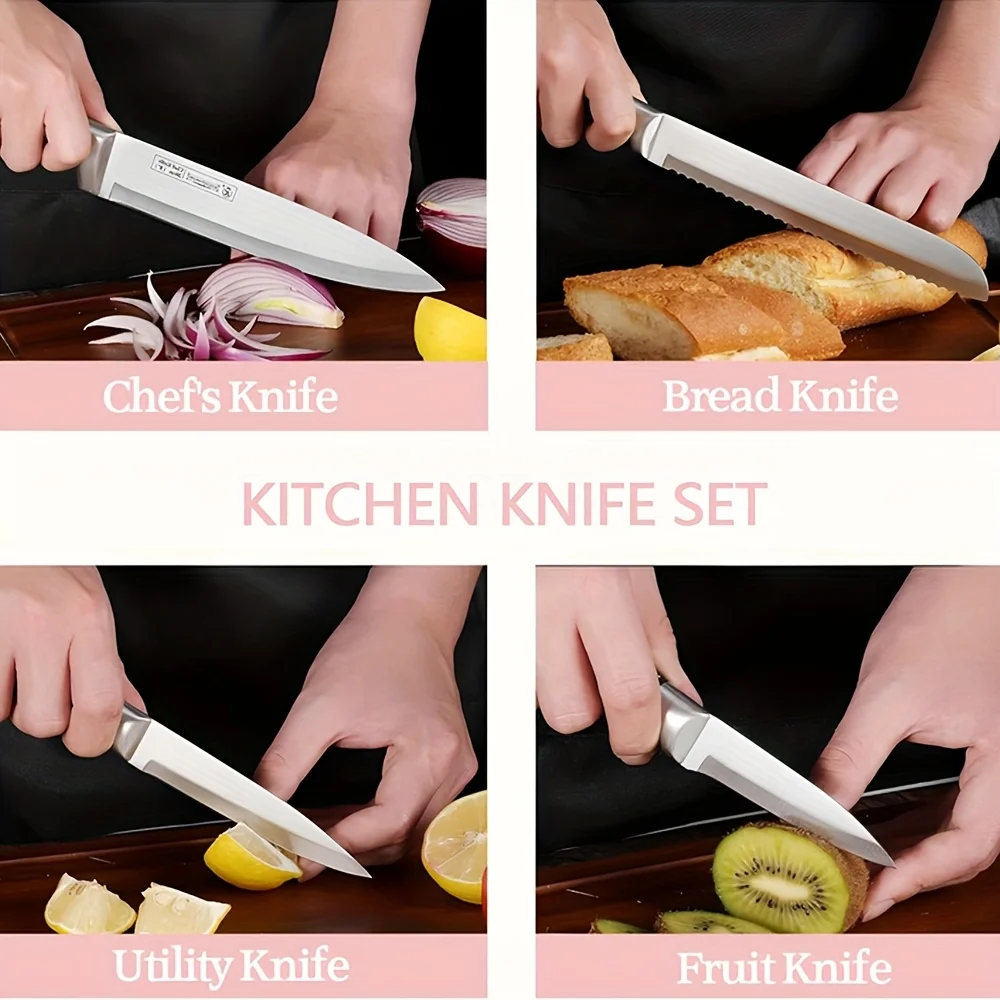 MDHAND 9 Pcs Kitchen Knives Set With Acrylic Stand Chef Bread Cleaver Paring Knife Scissors Sharpener Meat Chopping Vegetable