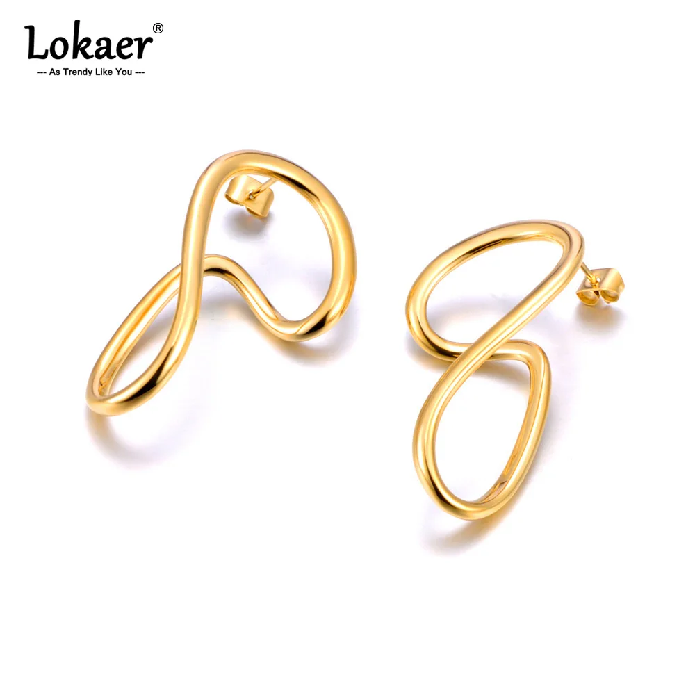 Lokaer Styles Stainless Steel Twisted Geometric Hollow Earrings For Women Gold Plated Waterproof Statement Party Jewelry E24019