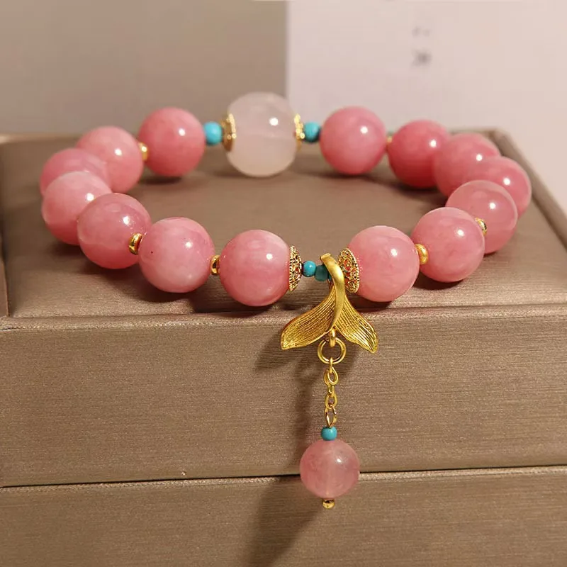 Natural Rose Quartz Beaded Bracelet Women Luxury Minimalist Delicate Peach Blossom Fishtail Pendant Charm Cute Gift For Students