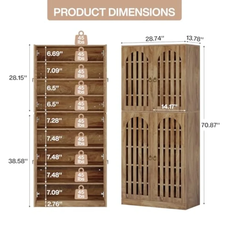 Entryway shoe storage cabinet, wood, brown, 70.86 tall with 9-tier shelves holds 27-36 pairs, farmhouse style with doors