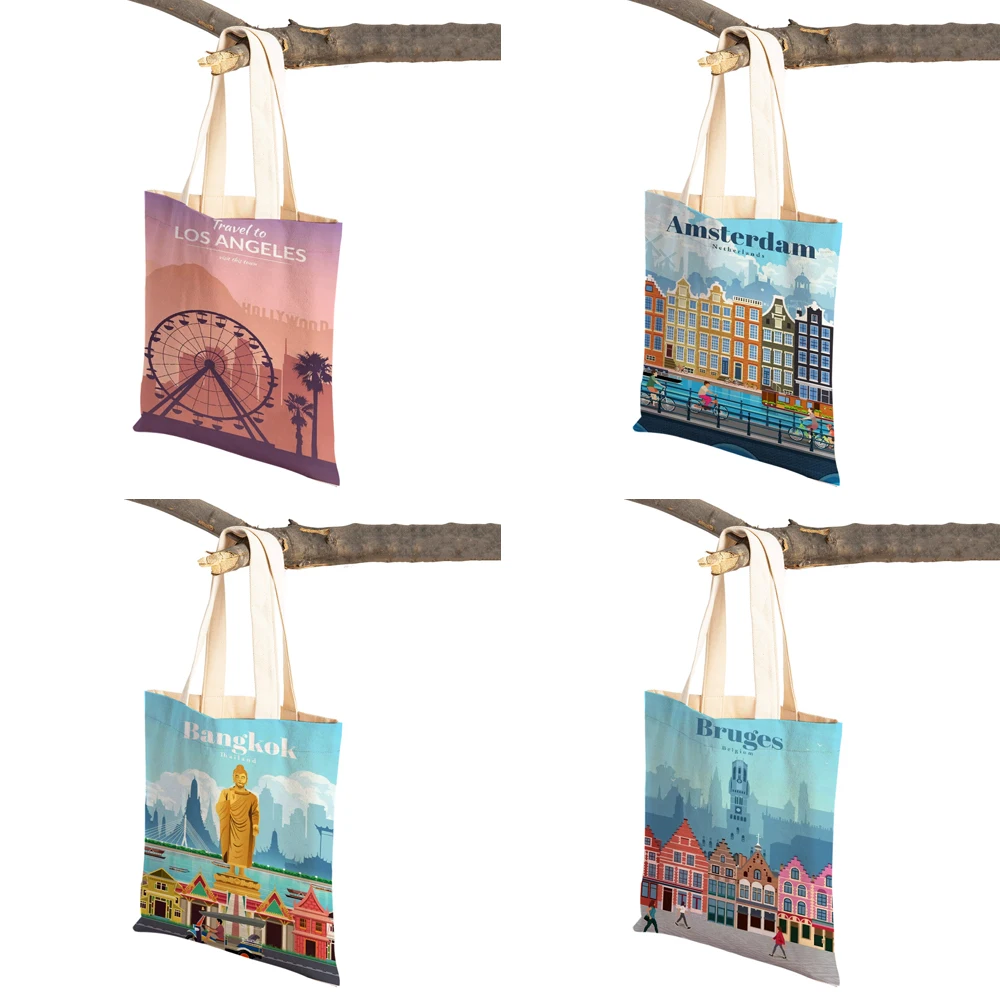 Fashion City Map London New York Paris Spain Shopper Bags Tote Lady Handbag Both Sides Casual Canvas Women Shopping Bag