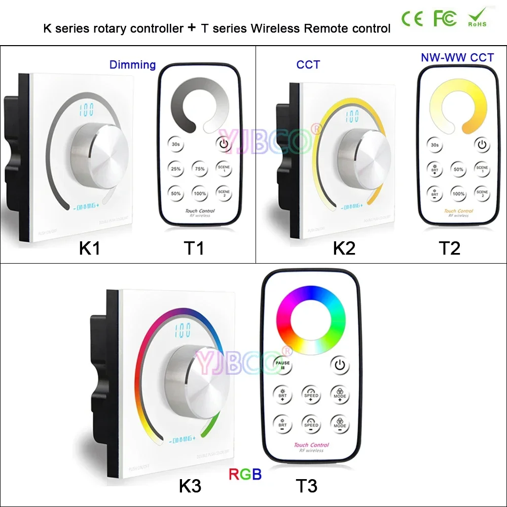 

Bincolor 12V 24V DC Switch knob Wall-mounted LED Stirp Light controller single color/CCT/RGB Rotary Dimmer & Wireless RF Remote