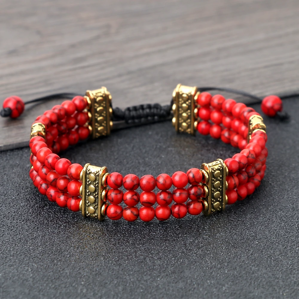 3 Rows Natural Stone Beads Bracelet Turquoise Natural Malachite Gemstone Crystal Rough Bracelet Women Men Reiki Healling Jewelry