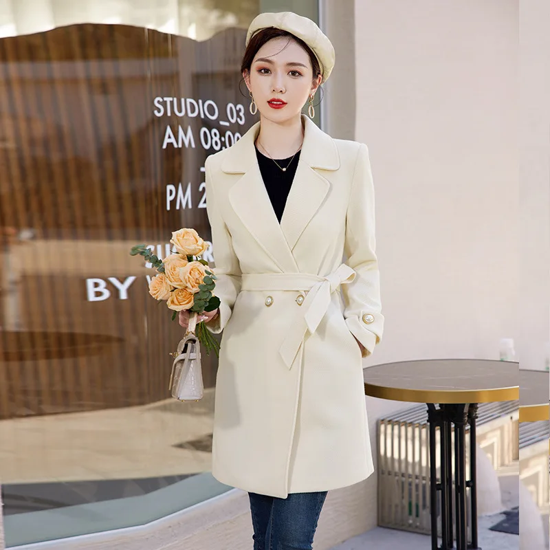 

Woolen Coat Thick Autumn Winter Slim Fashion Styles Outwear Professional Women Jackets Overcoat Tops Clothes with Belt Oversize