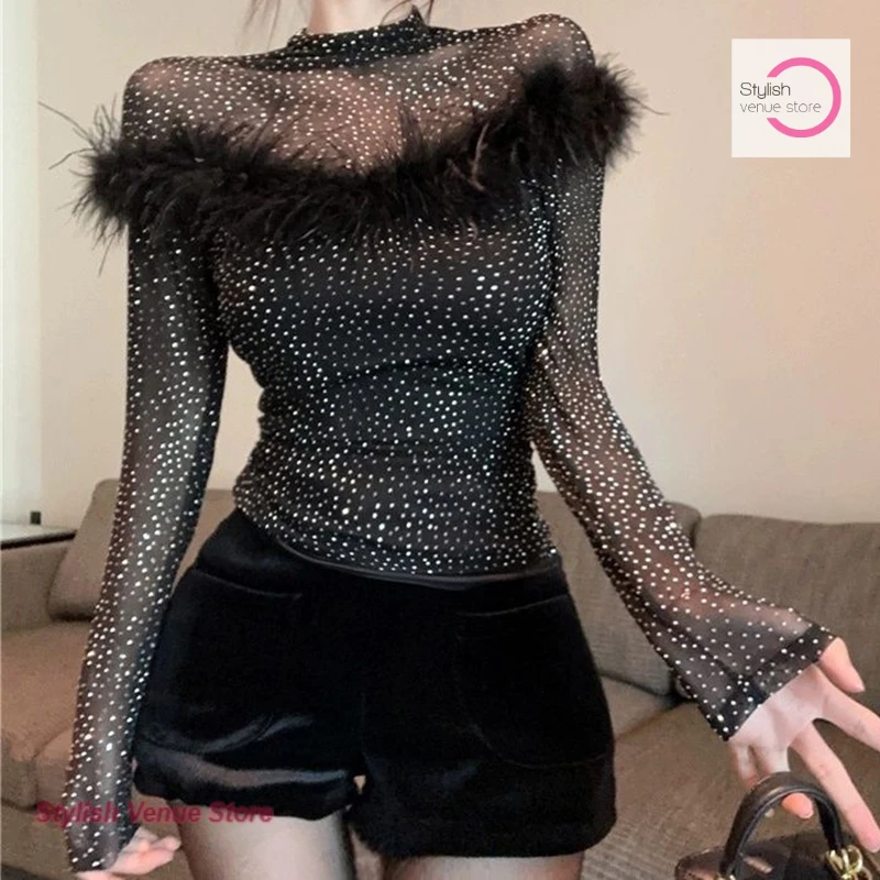 French spice girl pure desire wind luxury rhinestone mesh stitching bottoming shirt female spring and autumn new temperament top
