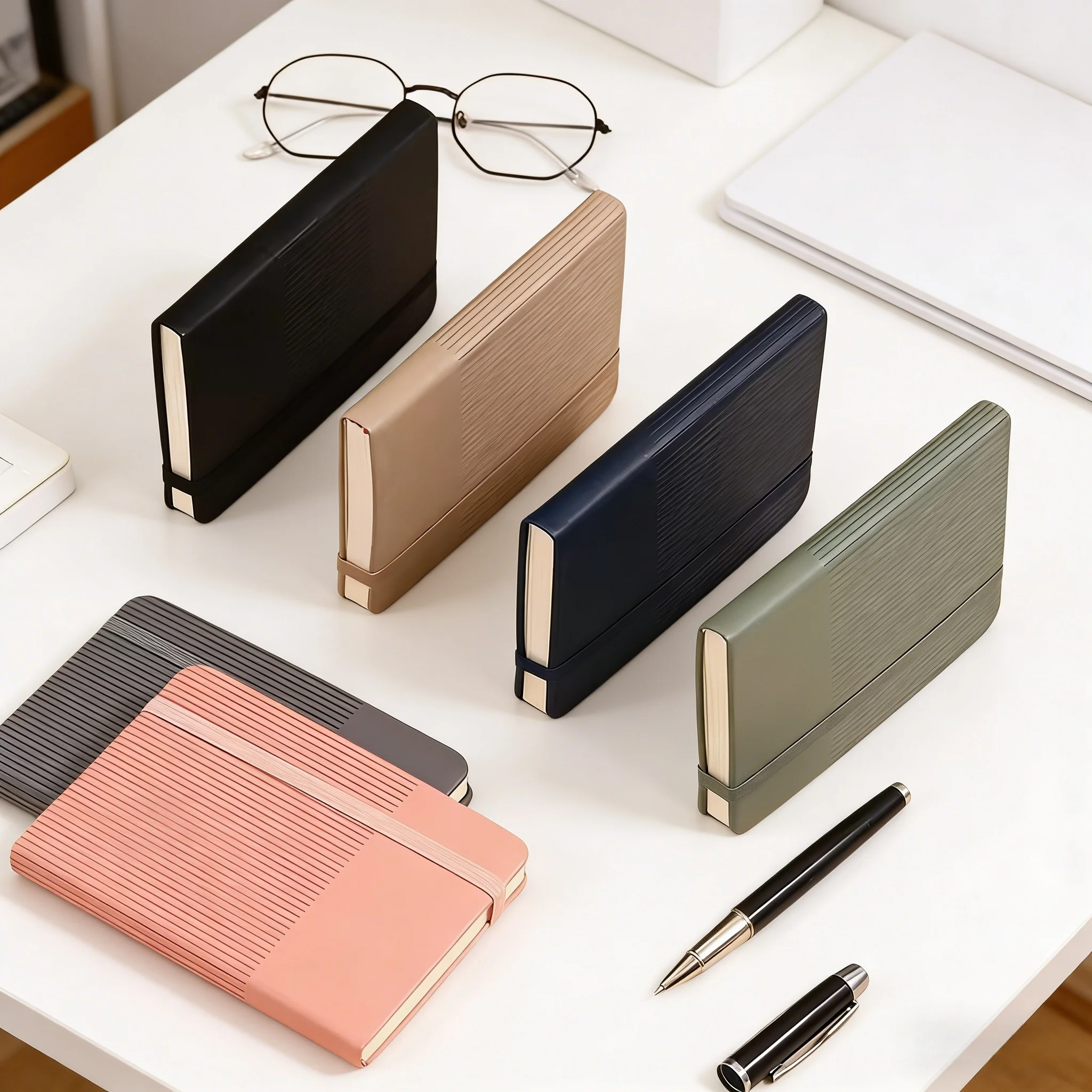 A7 Mini Hardcover Notebook Gray Striped PU Journal with Elastic Band Pen Holder 11x7.5cm Pocket Notepad for Travel School Office