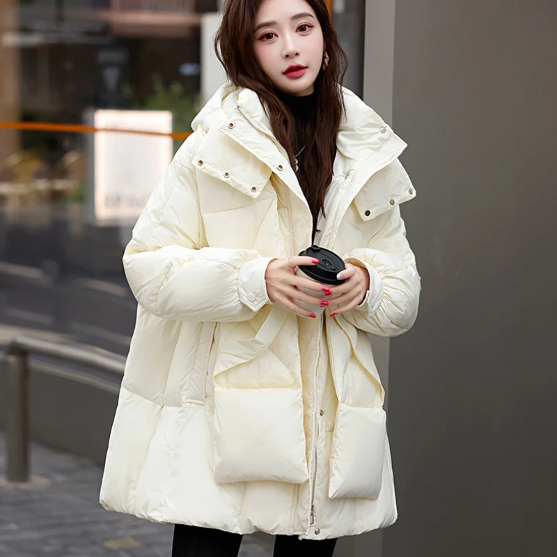 Women\'s Down Jacket Winter New Puffer Coats Korean Casual Trend Hooded Outerwears Poncho Thick Loose Warm Mid-length Down Coats