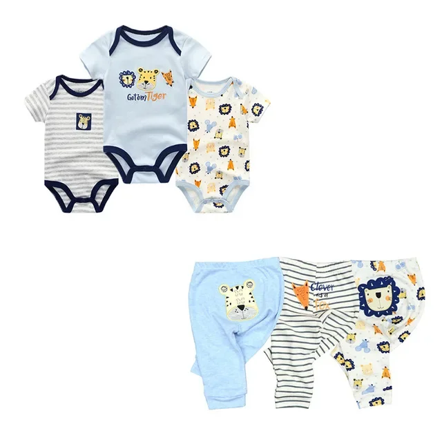 6/9PCS Baby Girl Clothes Newborn Unisex Solid Bodysuits+Pants Cotton Baby Boy Clothes Short Sleeve Girls Baby Clothing Cartoon