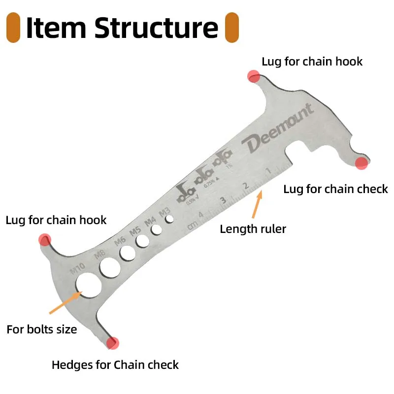 3 in 1 Bicycle Chain Checker Wear Tear Indication Service Hook Bolt Measure CNC-Machined Stainless-Steel Gauge Fit 8/9/10/11/12S