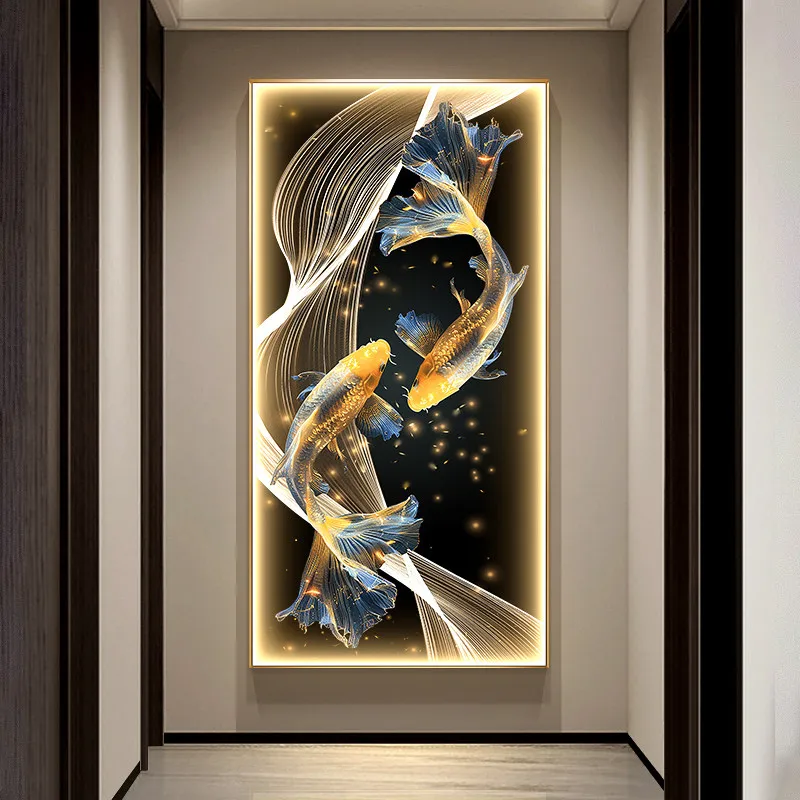 Modern Luxury Entrance Decorative Painting Abstract Art Golden Koi Hanging Painting Corridor Wall Decoration LED Light Painting