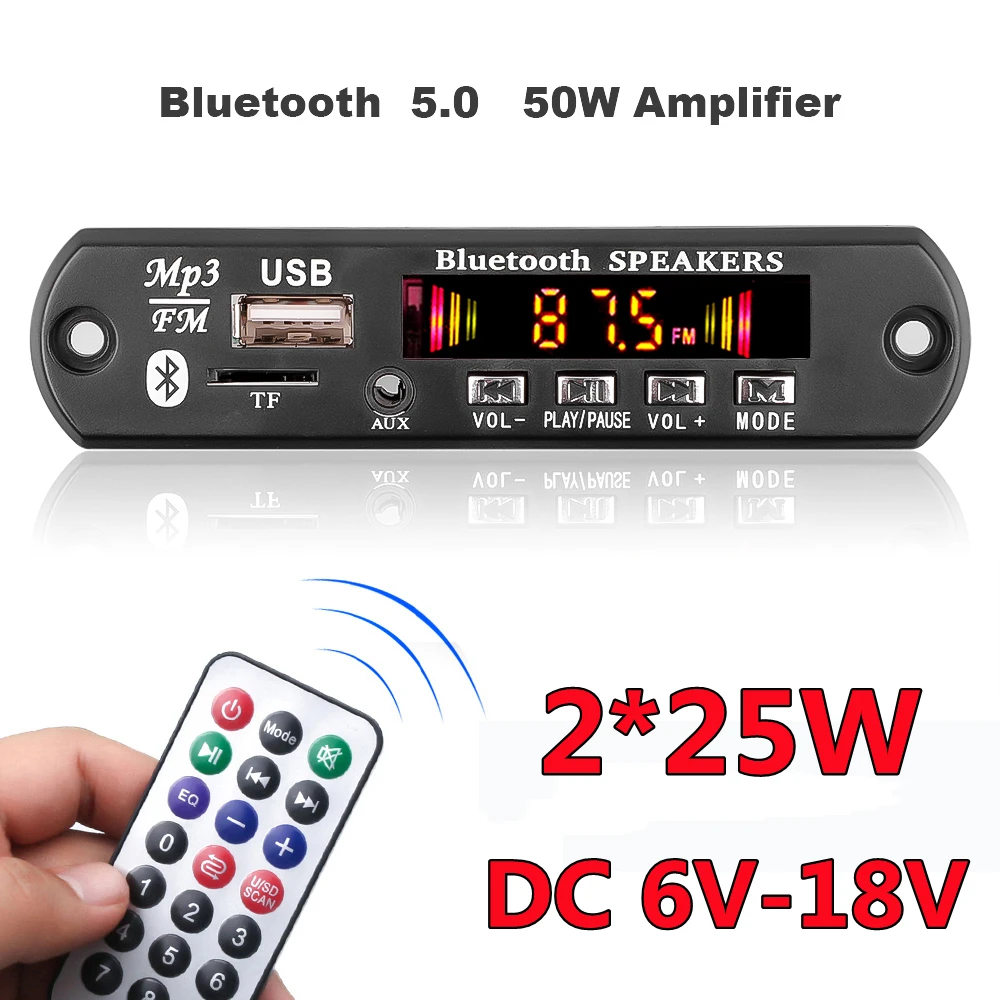 2*25W Stereo 12V 50W Amplifier Car FM Radio Module Stereo Bluetooth 5.0 MP3 Player Decoder Board Support TF USB AUX Recorders