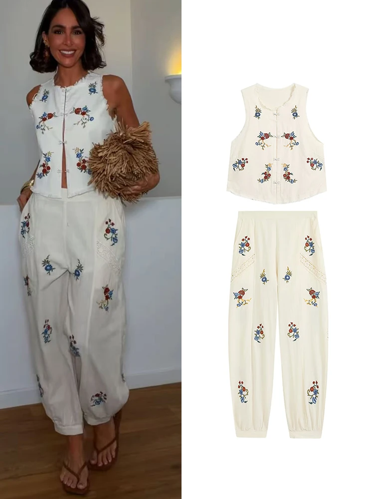 TFMLN Women's Floral Embroidered Vest Top Set Fashion Summer Lantern Pants Sleeveless Tank Top Ladies Elegant Wear 2026 New