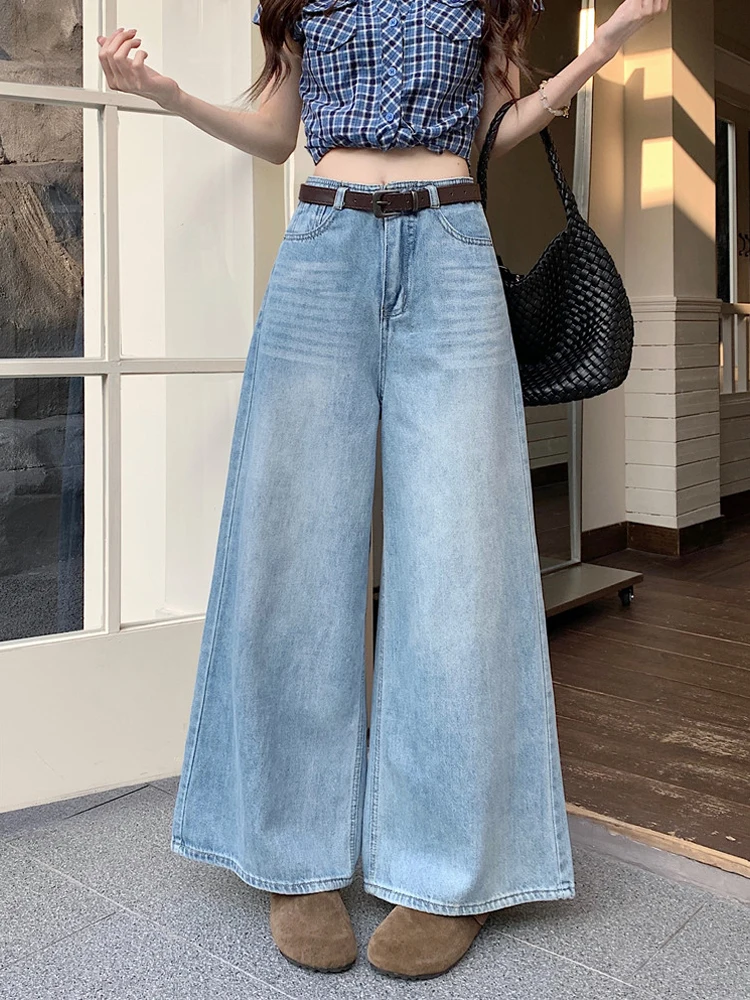 

Retro High Waist Wide Leg Bell Bot Jeans Women's Loose Blue Floor Length Trousers Chic Trendy Korean Sle Denim Pants