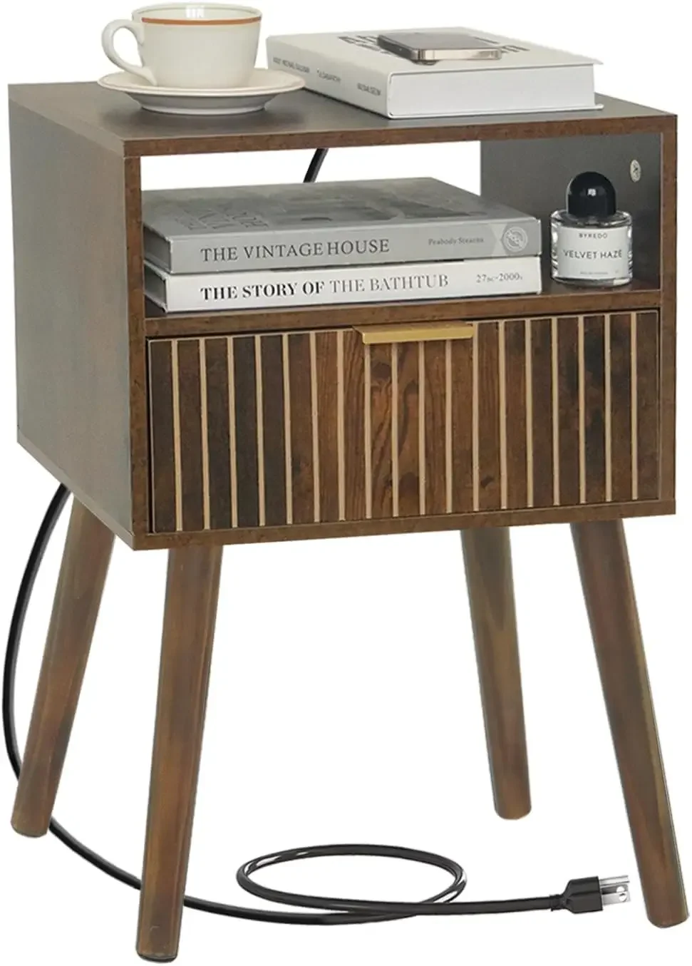 

Mid Century Modern Nightstand with Charging Station, Wood Bedside Table with Drawer, Modern End Table for Bedroom and Small