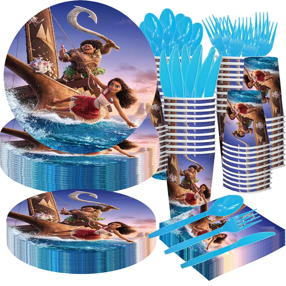 Disney Moana2 Princess Cartoon Party Decoration Disposable Tableware Tablecloth Plates Cup Balloon Birthday Baby Shower Supplies