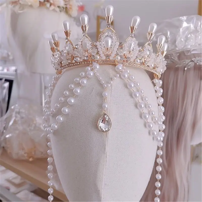 

Y88A Luxurious Crown Pearls Headwear Comfortable Headpieces Cosplay Hair Accesories Designed For Fashion Enthusiasts