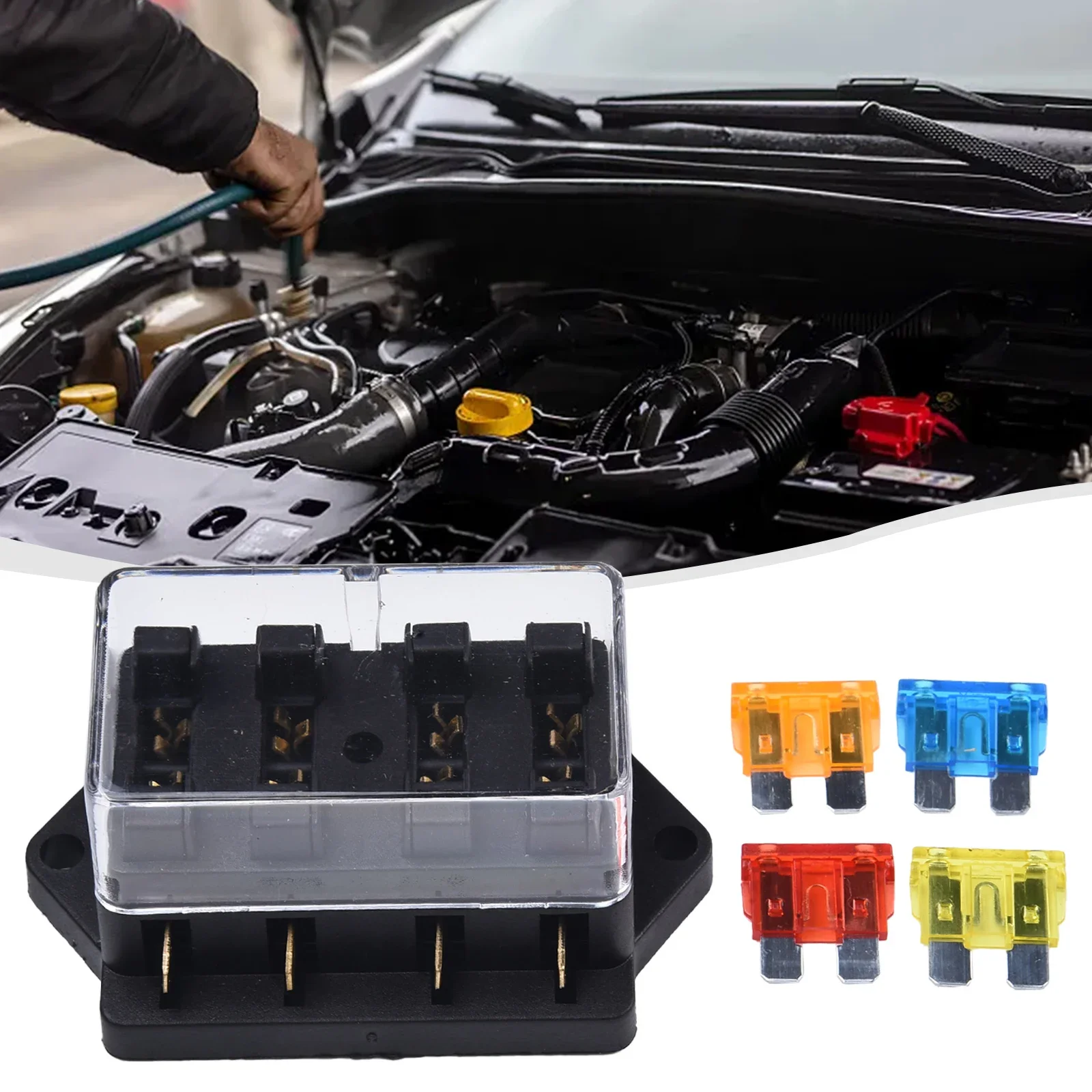 

Practical 4 Way Circuit Blade Fuse Box Holder For Cars Anti Deformation Direct Installation Fits 12V/24V Vehicles