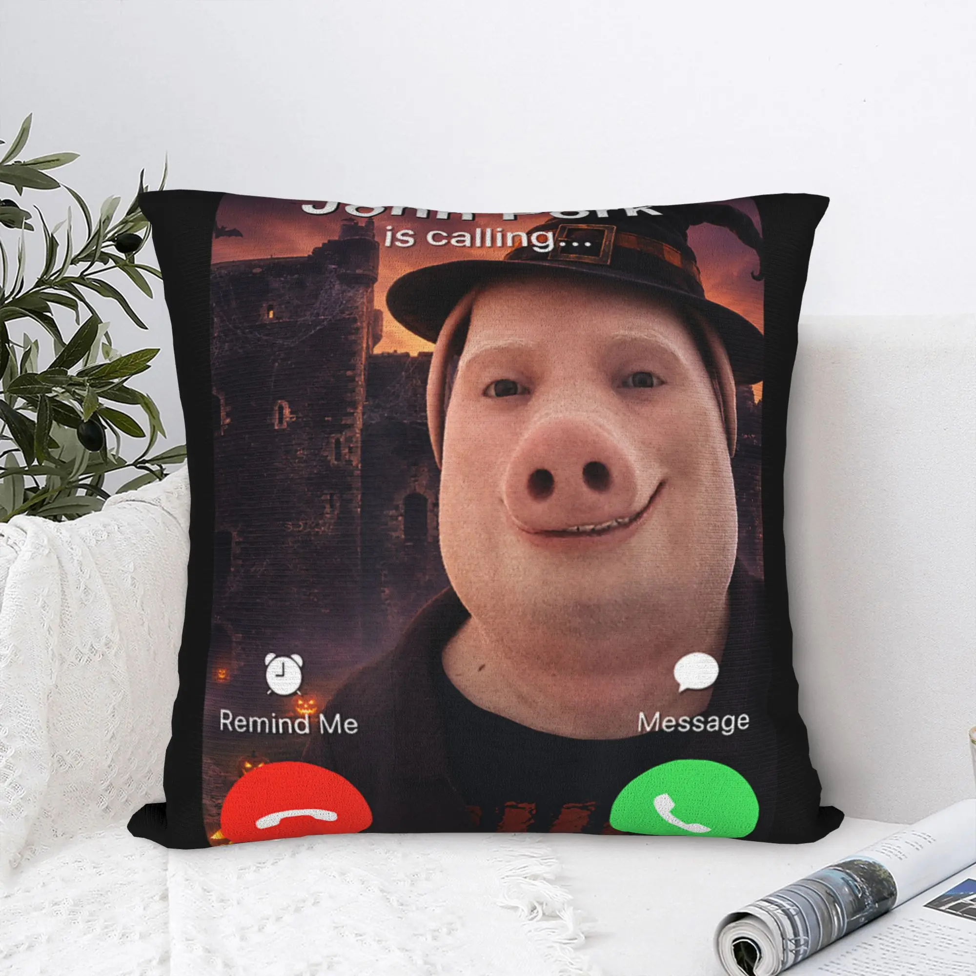 Funny Halloween John Pork is Calling Brainrot Meme Pillow Cover Novelty Pillow Case For Living Room Sofa Graphic Pillowcases