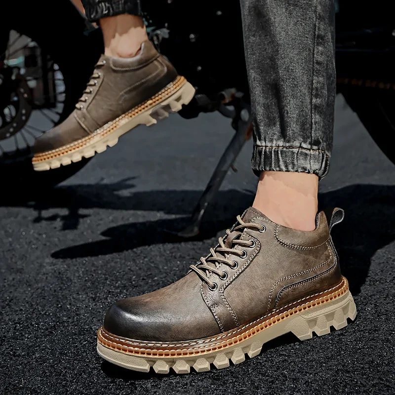 British Style Platform Work Shoes Men Boots Leather Men Autumn Winter High-top Casual Fashion Platform plush warm Boots Man