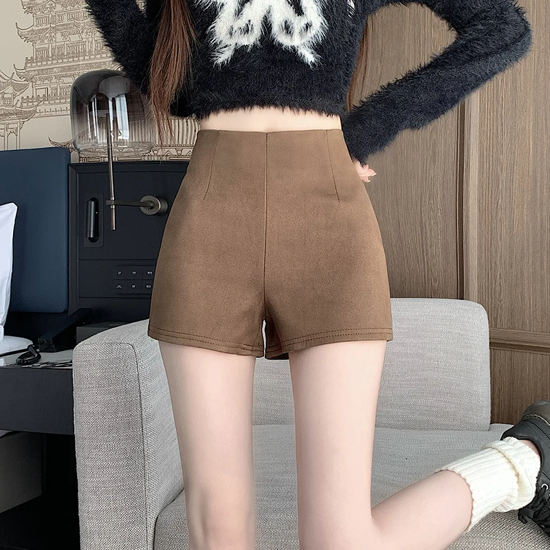 High Waist Suede Shorts Elastic Wide Leg Bootcut Pants Casual Pure Color Slimming Effect Autumn Winter New Style White Enhancing