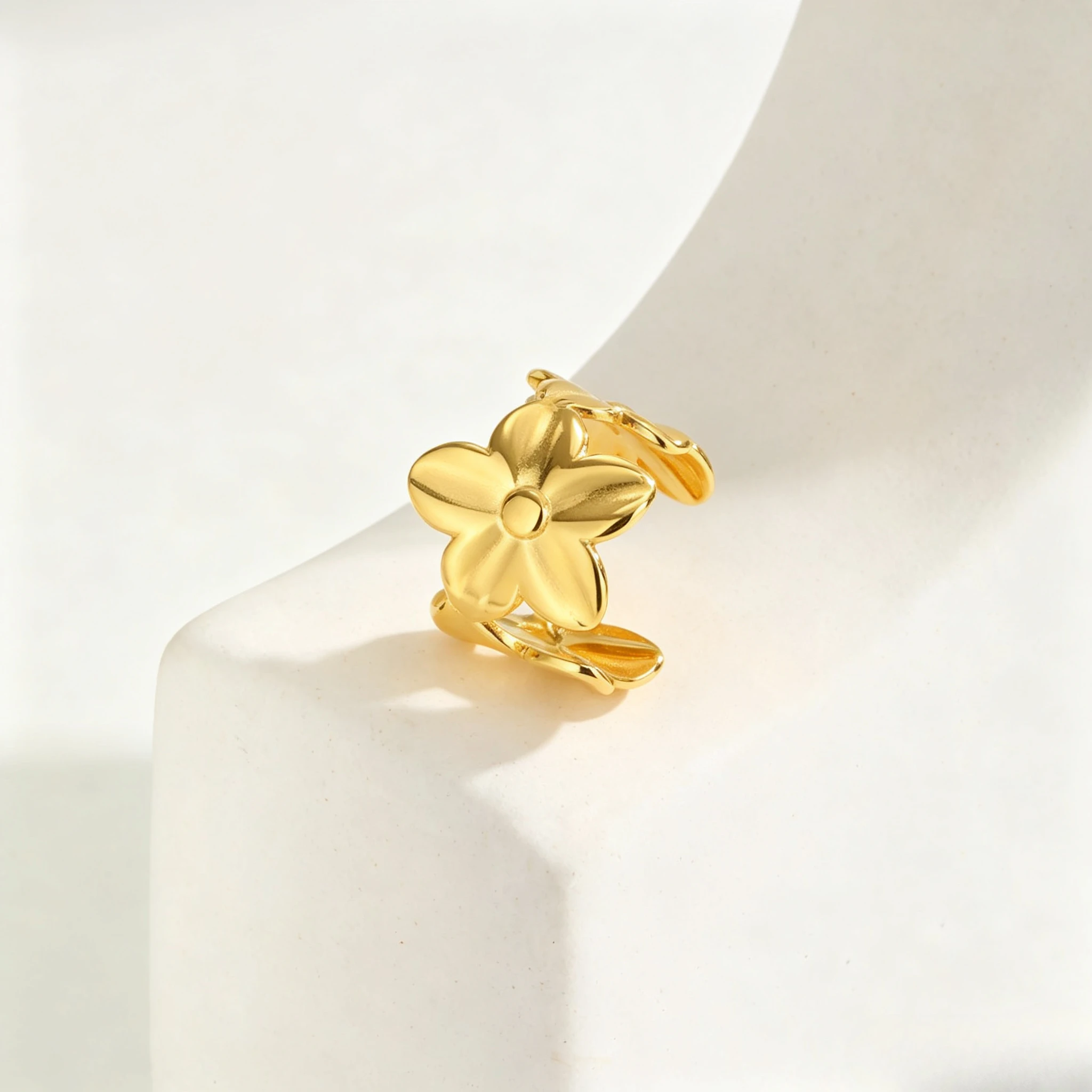 Single Sale 3D Double Clover Non Pierced Ear Cuff 316 Stainless Steel Gold Vintage Textured Floral Single Ear Wrap
