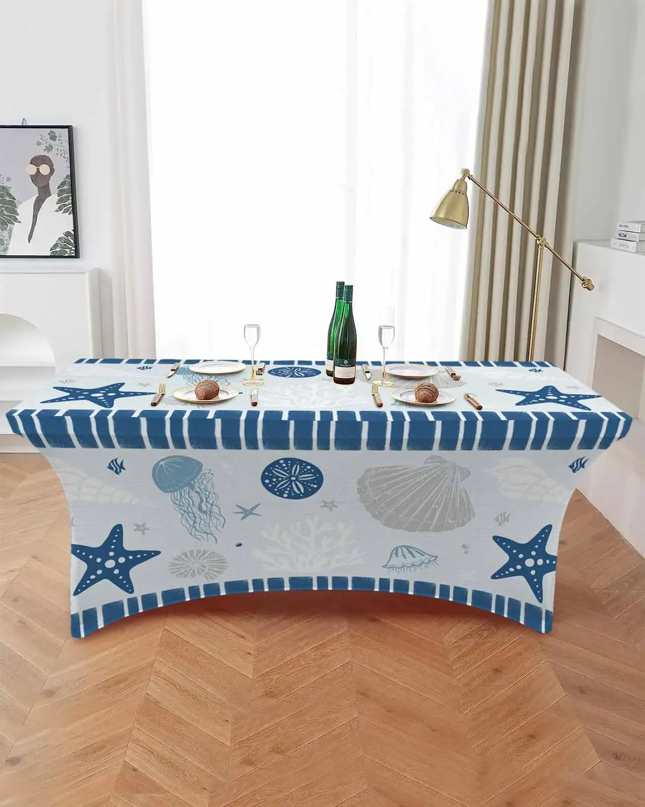 Ocean Striped Jellyfish Coral Conch Blue Elastic Table Skirt Wedding Hotel Birthday Table Cover Buffet Table Tablecloth