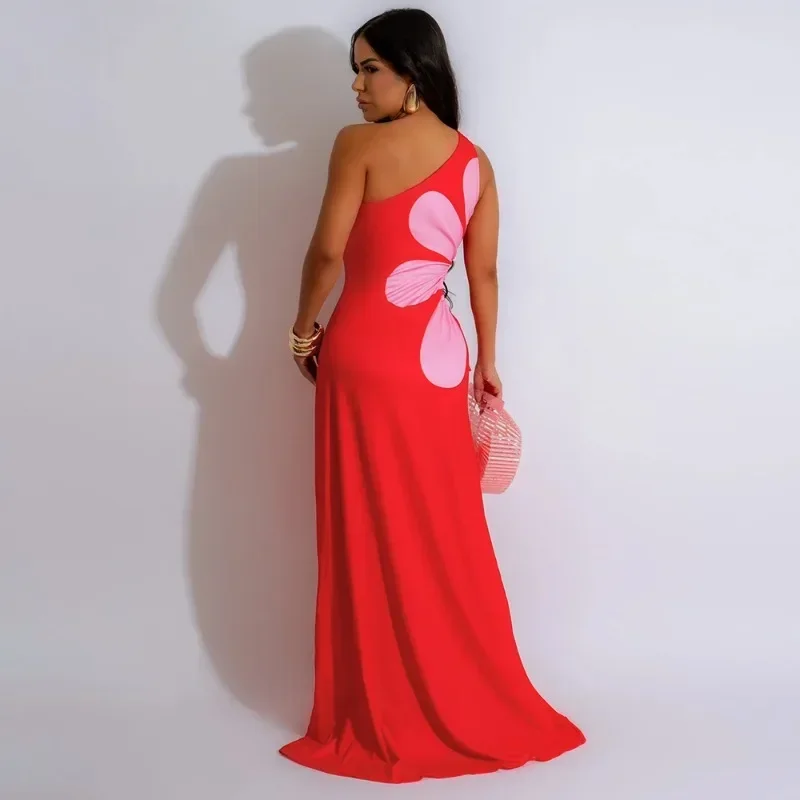 GUWU المرأة عباد الشمس المطبوعة انقطاع الخصر كتف واحد بلا أكمام فستان ماكسي نحيف مثير مساء نادي فساتين طويلة