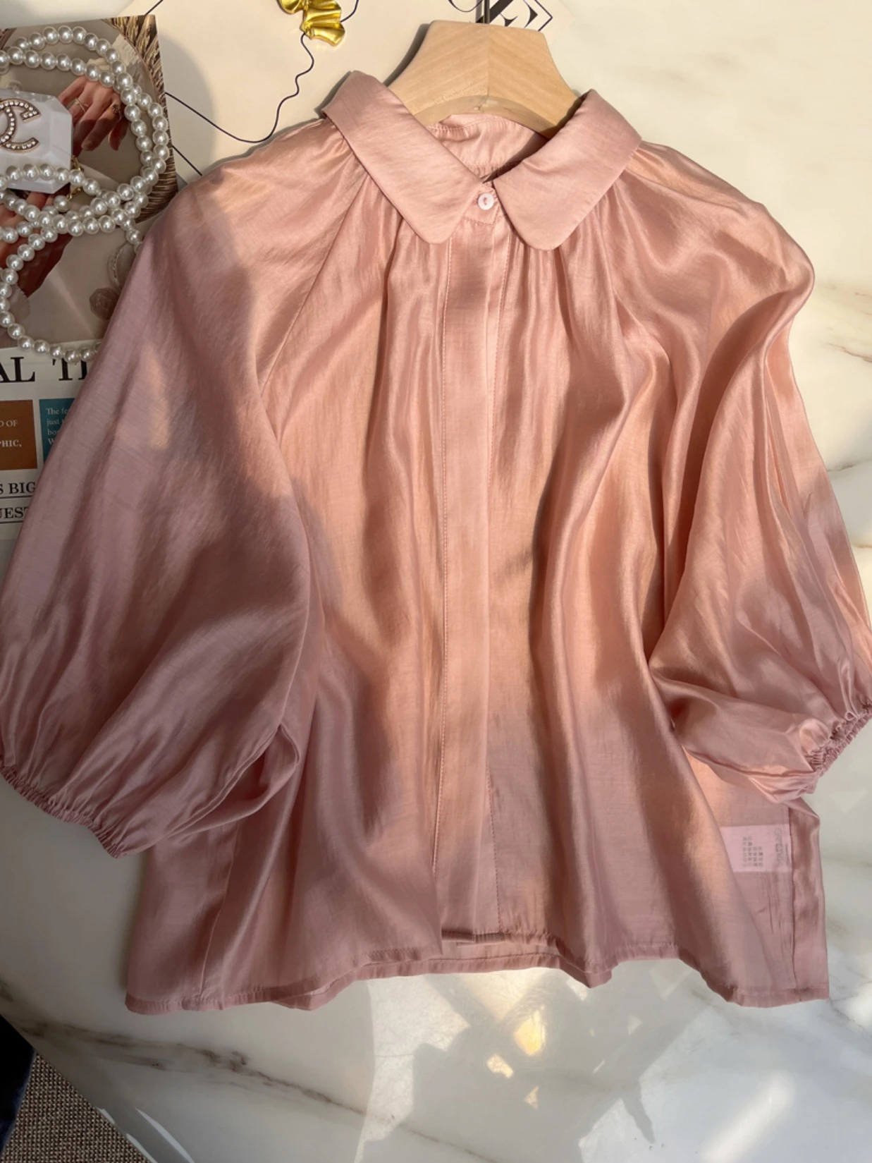 أزياء الصيف الحلو نفخة الأكمام الوردي بيتر بان طوق قمصان الحرير الاصطناعي الربيع أنيقة شيك الأميرة قميص خمر قمم #2