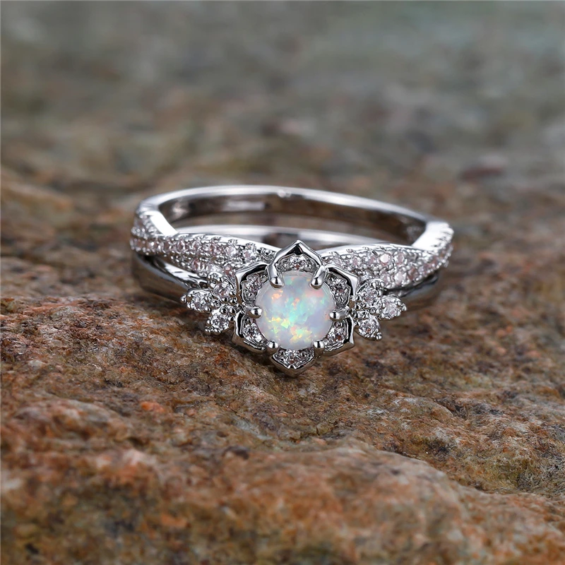 Vintage Female White Fire Opal Flower Engagement Ring Set Cute Silver Color Wedding Jewelry For Women