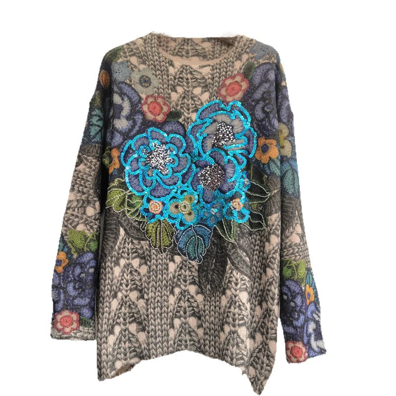 WTHT เสื้อสเวตเตอร์แฟชั่นผู้หญิงสไตล์วินเทจ ลายดอกไม้ปักเลื่อม ทรงหลวม รุ่นปี 2025 เสื้อแขนยาว คอกลม สำหรับผู้หญิง รุ่น 1LS2503