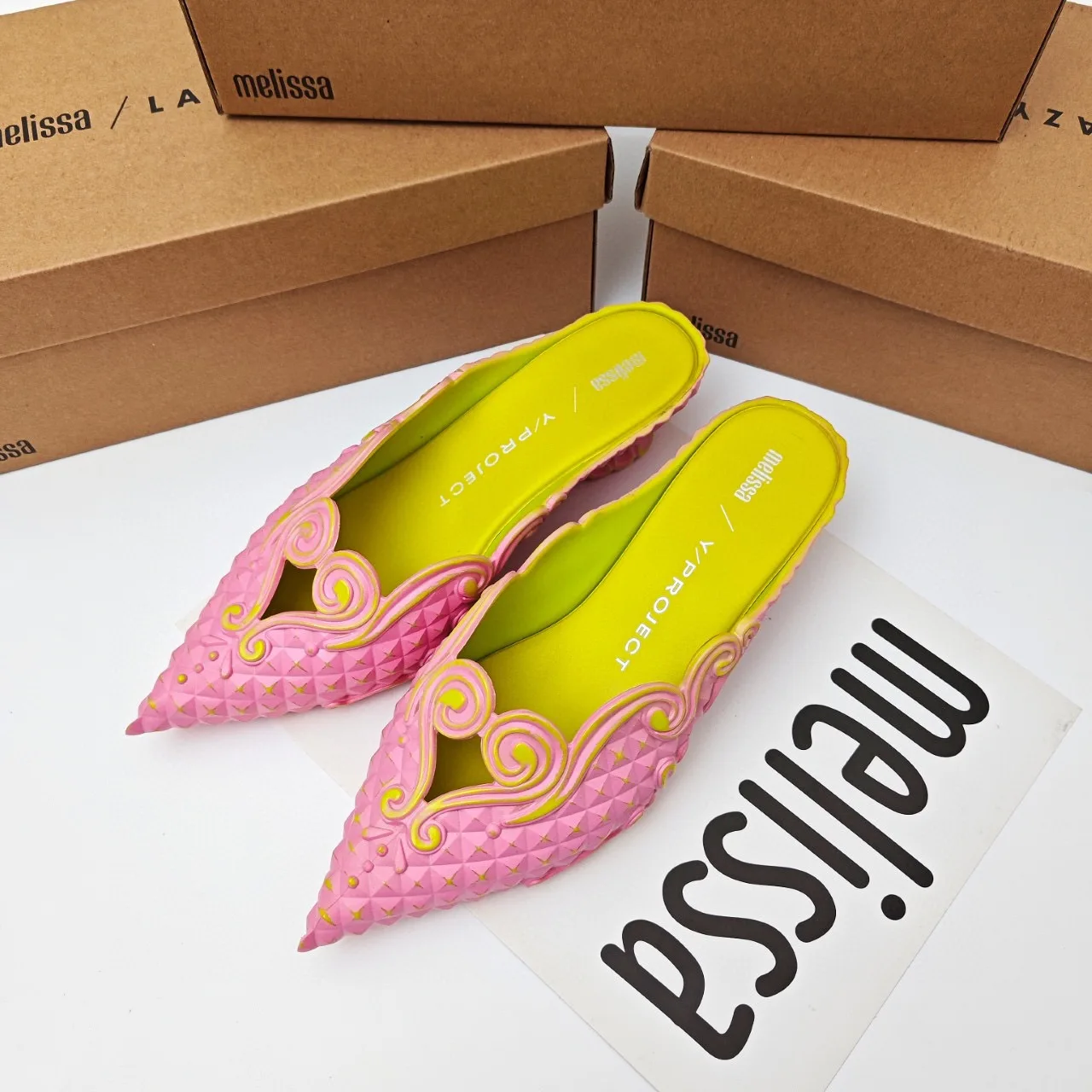 Melissa 2025 Summer Fashion Design Women's Shoes Embossed 3D Pointed Shoes Witch Shoes Ladies Retro Low Heel Slippers Party Shoe image 3