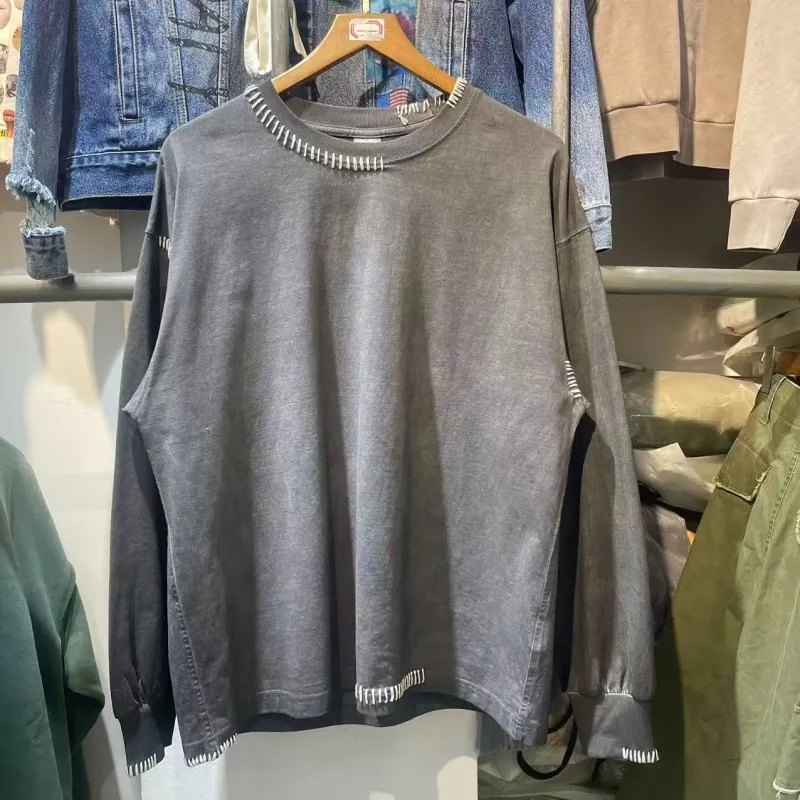 

Ретро-американская мужская футболка с длинным рукавом, свободного кроя, в стиле INS, базовая, осенне-зимняя, новая, теплая, хлопковая, с круглым вырезом