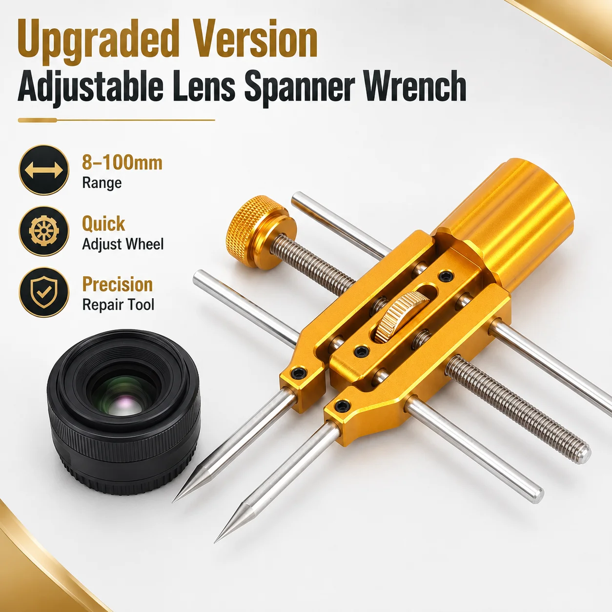 Professional Adjustable Lens Spanner Wrench 8-100mm, Camera Optical Retaining Ring Opener with 3 Tip Styles for Lens Repair