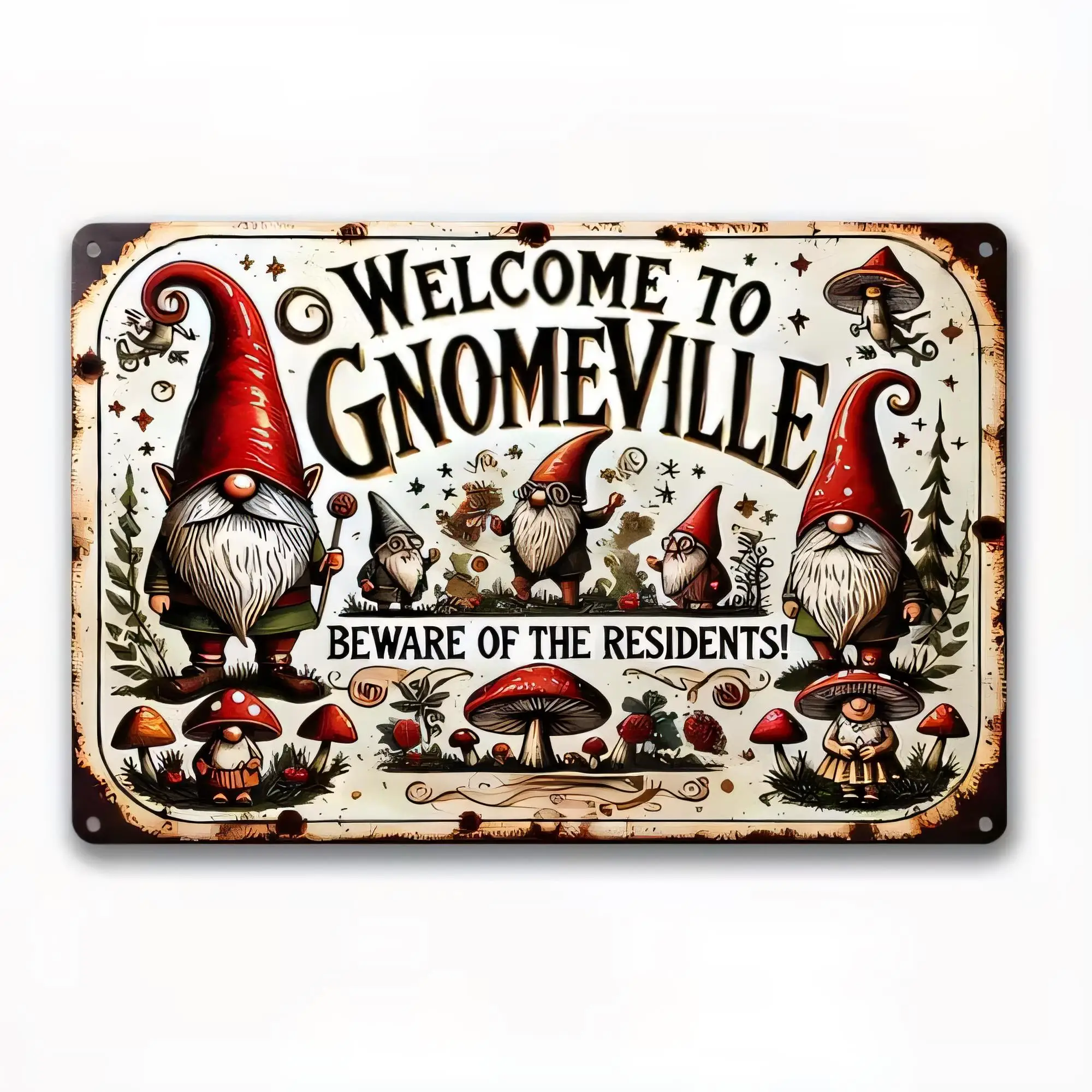 Tin Sign Welcome To Gnomeville Vintage Gnome Farmhouse Metal Wall Decor, Beware Of The Residents Funny Garden Cottage Wall Plaqu