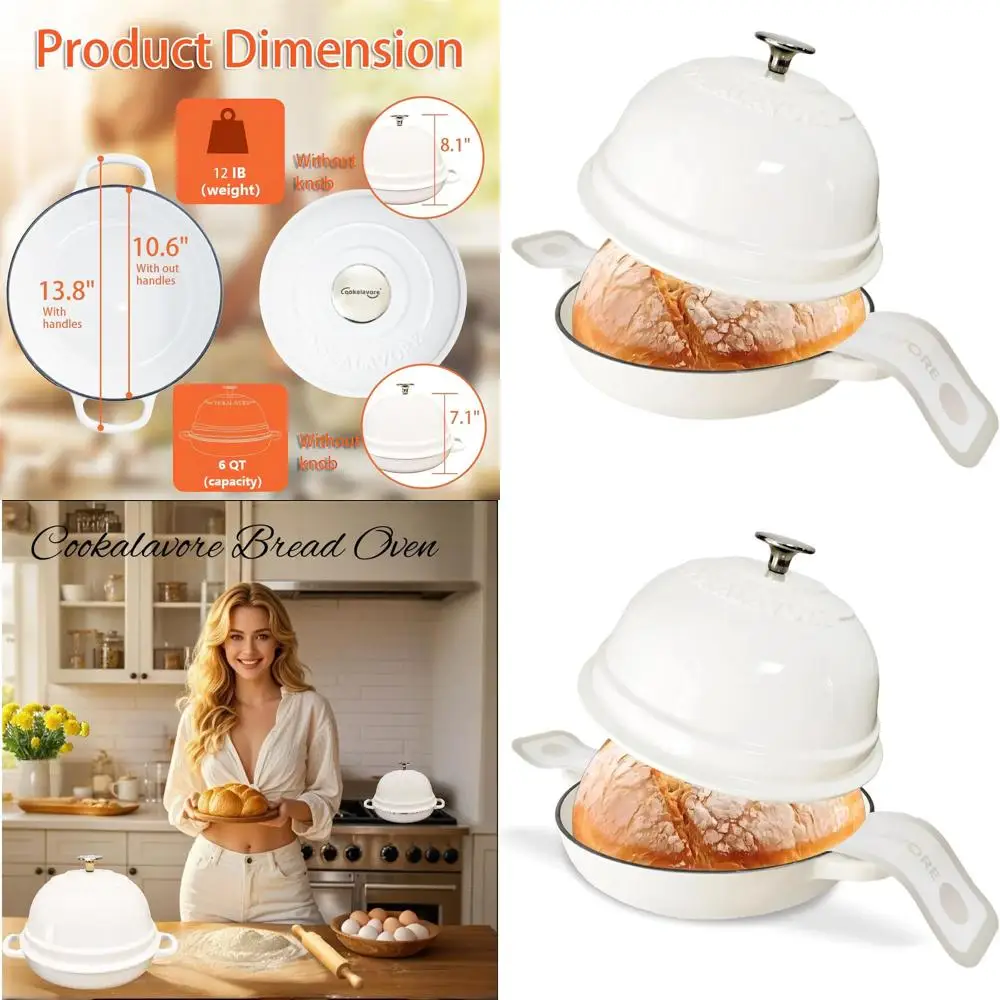 

6-Quart White Enamel Bread Pan with Lid and Silicone Mat for Sourdough, Homemade Bread Baking, and Family Gifts