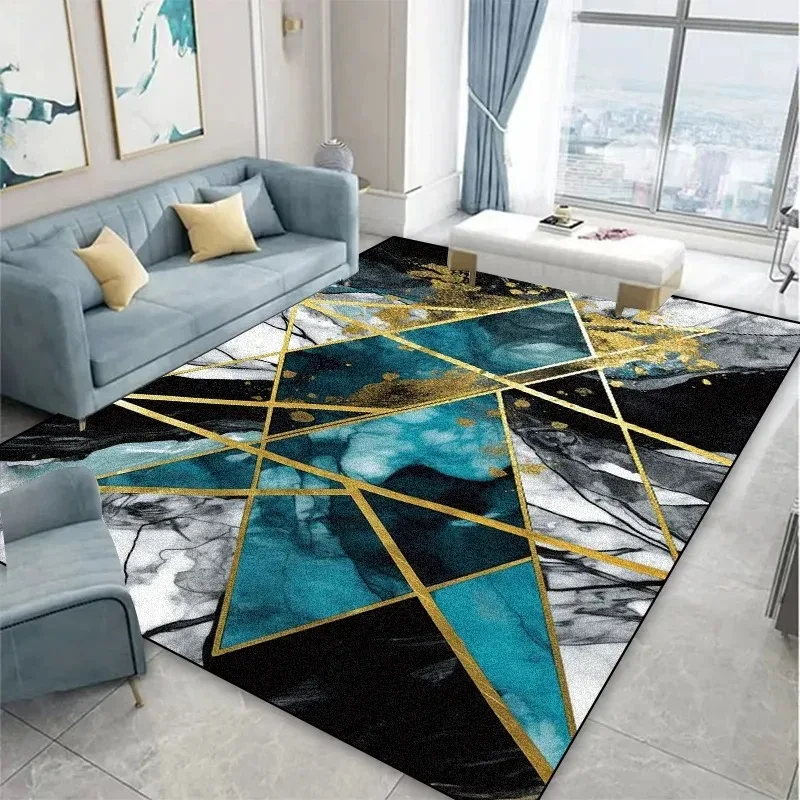 Modern Marble Geometric Area Rug Teal Blue Gold Foil Triangle Line Pattern Floor Carpet for Living Room Indoor Home Decor