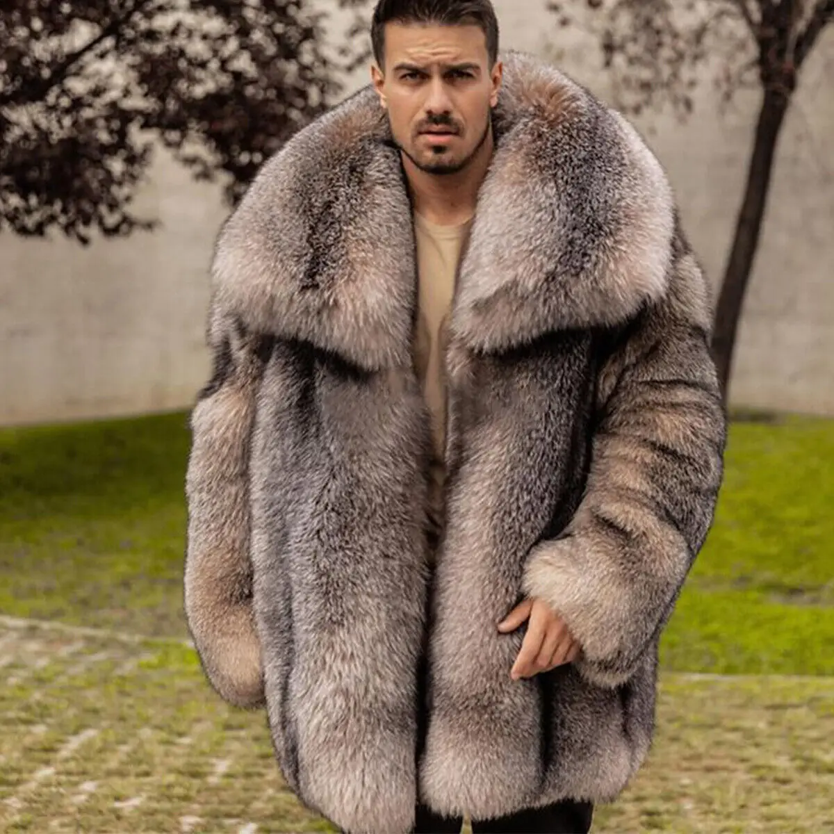 Luxury Genuine Crystal Fox Fur Coat Man Winter Big Lapel Collar Warm Natural Fox Fur Jacket Overwear Real Fur Thick Overcoat